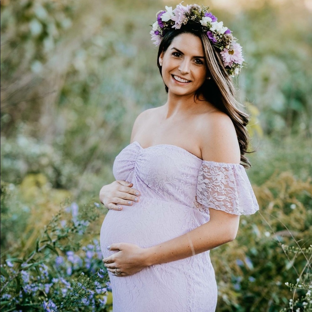 Off Shoulder Ruffle Sleeve Lace Maternity Dress